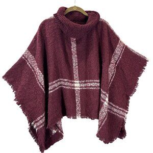 World Market Burgundy Plaid Fringed Poncho OS Windowpane Pullover Turtleneck
